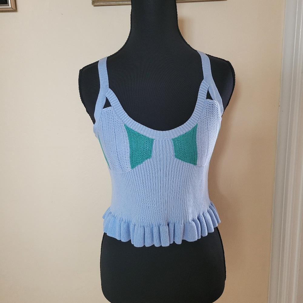 Blue Teal Ruffle Knit Tank Top Boho Cottagecore Milkmaid Festival Western L 8/10